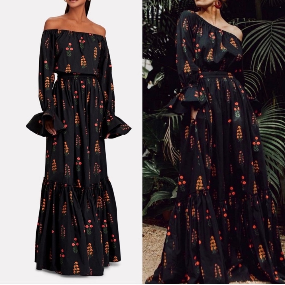 Agua by Agua Bendita Almendra Dahlia Floral Off Shoulder Dress